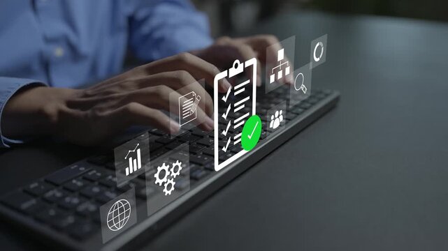 Digital checklist system, task and project efficiency concept. Person typing on keyboard with completed checkmark list, progress tracker and gear icons, smart workflow management.