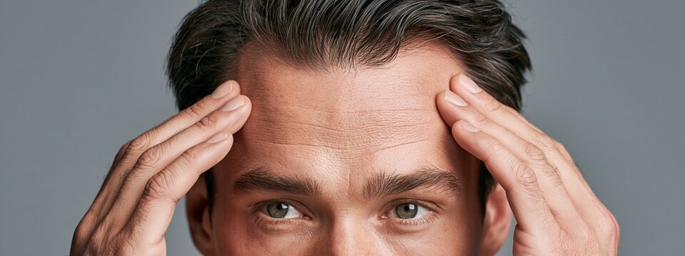 Handsome man touch forehead head massage relax stress head pain migraine