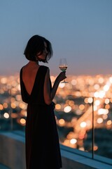 Obraz premium Elegant woman on rooftop balcony holding a wine glass against bokeh city lights for evening background and banner design