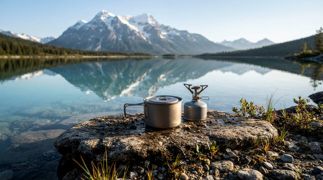 Camping gear with a titanium pot and portable gas stove on a rock by a crystal clear alpine lake with snow-capped mountains