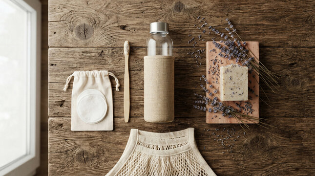 Zero waste eco friendly bathroom accessories flat lay on rustic wooden surface with lavender flowers and cotton bag