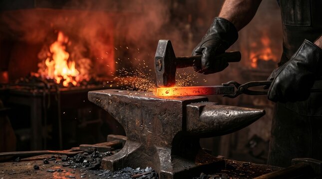A blacksmith hammers glowing metal on an anvil, creating sparks. Intense, fiery atmosphere.