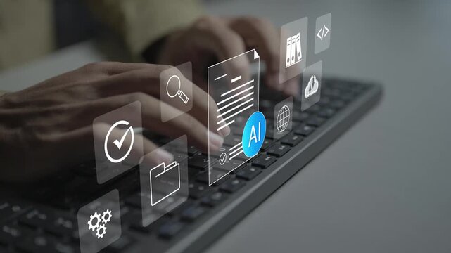 AI document processing concept. Person typing on keyboard with smart scanner, automated data extraction and file folder icons, artificial intelligence workflow and text analysis.