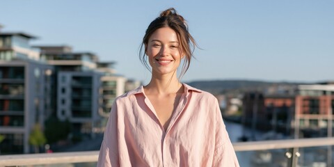 Obraz premium Woman in light pink shirt on balcony overlooking city for lifestyle portrait banner and warm urban background design