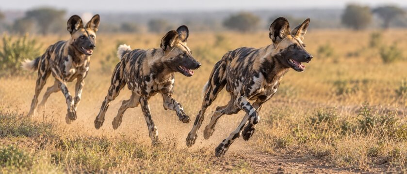 African wild dogs running across the savanna