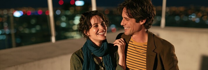Obraz premium Smiling couple on a rooftop at night city background for romantic banner and evening lifestyle wallpaper design