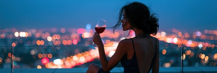 Obraz premium Woman sitting on a rooftop holding a wine glass with city bokeh at dusk for cinematic evening background and romantic lifestyle design