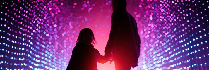Fototapeta premium Silhouette of parent and child holding hands walking through a neon led light tunnel with pink and purple bokeh for synthwave background poster banner