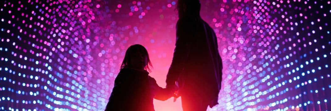 Silhouette of parent and child holding hands walking through a neon led light tunnel with pink and purple bokeh for synthwave background poster banner