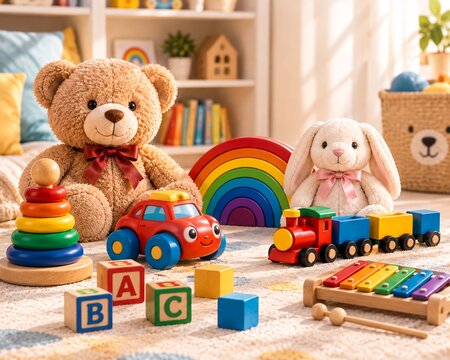Assorted colorful wooden toys and plush animals arranged in a nursery room
