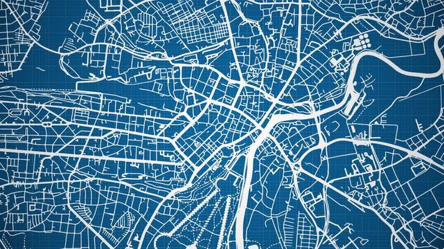 Ink reveal animation of Kassel city, state of Hesse, Germany, grid map. Aerial top view. Blueprint style. White lines with blue background. 4K Seamless loop.