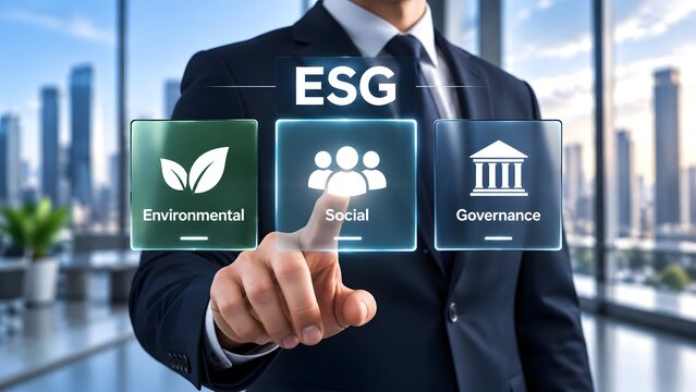 Corporate executive interacting with a futuristic transparent digital dashboard displaying environmental social and governance ESG criteria for sustainable business