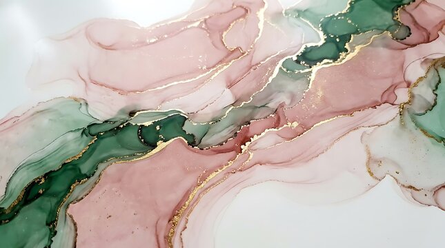 Alcohol ink abstract background with elegant pink, deep green, and shimmering gold veins