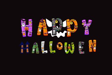  Cute Happy Halloween typography letter design with colorful doodle monsters, ghosts, pumpkins, and skulls on black background. © Retno