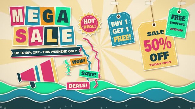 Colorful mega sale animation with discount tags and megaphone graphic