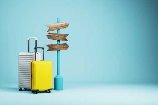 Travel luggage and wooden direction signs for vacation journey planning with bright copy space, clean creative tourism concept design template. 3D Rendering