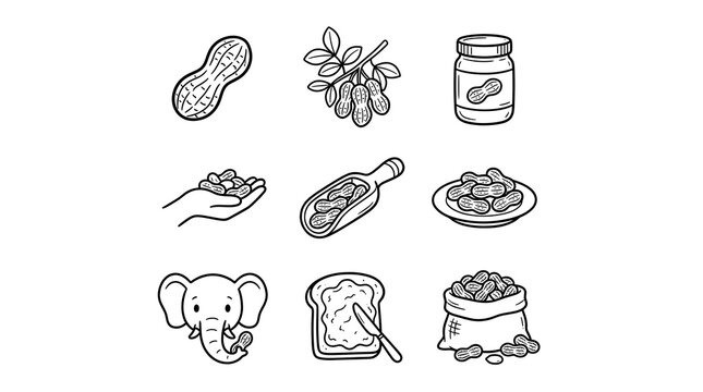A collection of hand drawn doodle icons featuring peanuts in shells peanut butter jars peanut plants and various snack food items on white background
