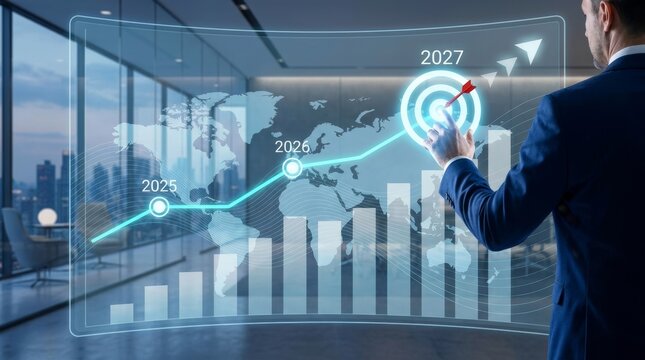 A businessman points at a futuristic digital graph showing growth projections until 2027.