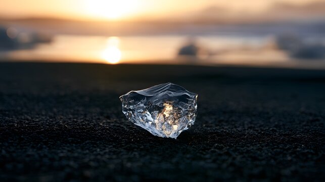 Clear ice chunk on black volcanic sand beach at sunset