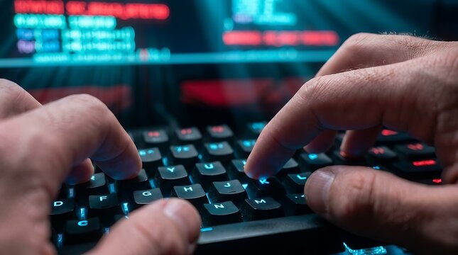 Hands typing on a backlit computer keyboard in front of a digital display screen