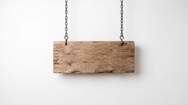 Blank wooden sign hanging from metal chains against a white background