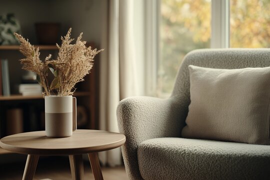 A cozy armchair with a textured fabric and a beige throw pillow sits near a side table holding dried flowers