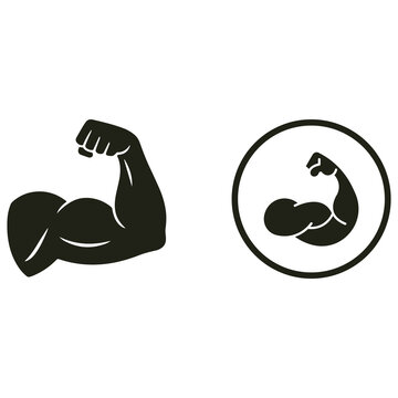 Strong muscular arm flexing in black and white vector icon