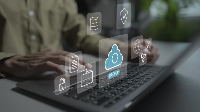 Digital cloud backup platform concept. Person using laptop with online database, automatic recovery and server sync icons, enterprise data safety solution.