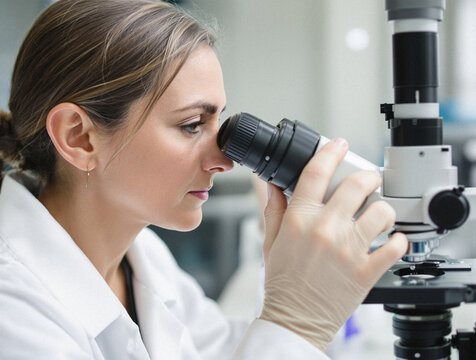 Mujer cient&iacute;fica trabajando con microscopio en un entorno de laboratorio