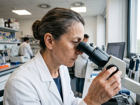 Mujer cient&iacute;fica trabajando con microscopio en un entorno de laboratorio