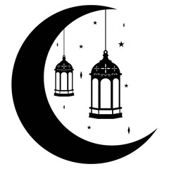 Elegant lanterns hanging under crescent moon with stars © Sufia