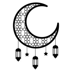 Minimalist crescent moon with hanging lanterns and stars illustration © Sufia