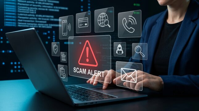 Person uses laptop with digital icons showing scam alert signs. Emphasizes online security threats.