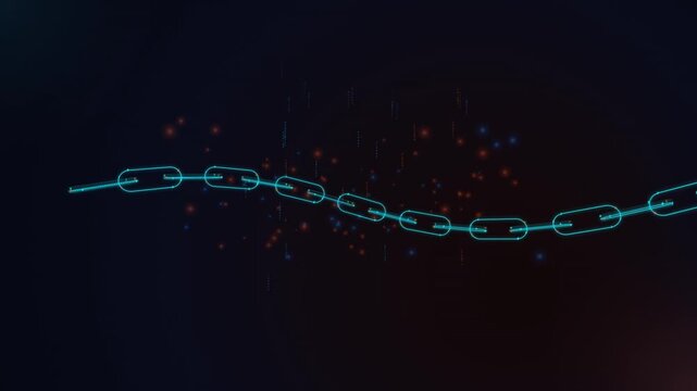 Blockchain technology digital chain link animation, cryptocurrency network security concept, cyber data transfer background