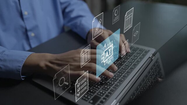 Artificial intelligence data processing and document summary concept. Person using laptop with AI network, data file conversion and text summary icons, smart automation.