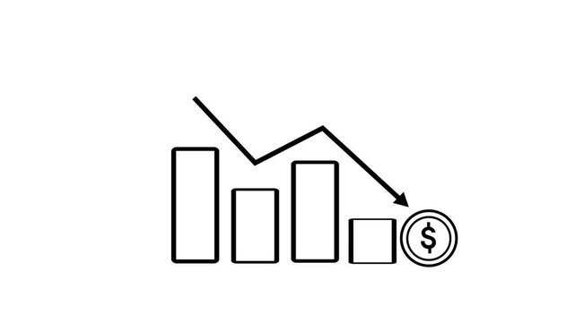 Business loss falling down dollar icon. on whait backround.Money symbol with down arrow icon animation.4k video