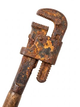 Vintage rusty pipe wrench tool isolated on white background