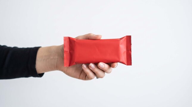 Hand holding a blank red snack bar wrapper against a white background