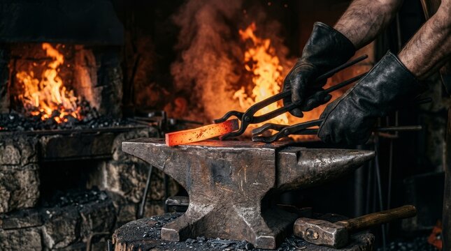 A blacksmith shapes glowing metal on an anvil, surrounded by intense flames.