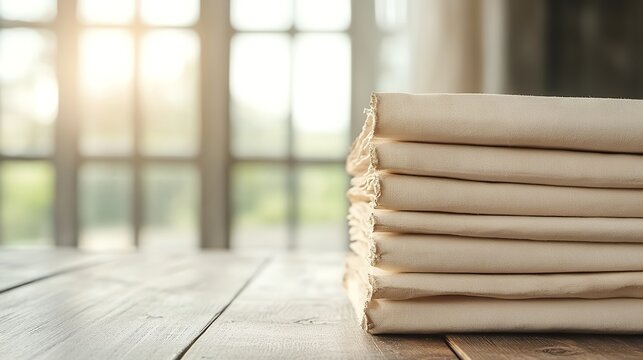 A stack of folded beige fabric sits on a wooden table in front of a window