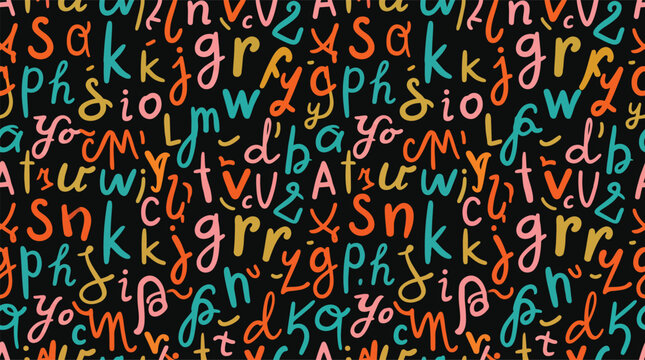Handwritten alphabet seamless pattern, colorful doodle letters on black background, creative typography vector for educational wallpaper and fabric