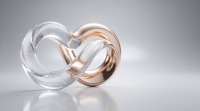 Infinity symbol formed by intertwined clear liquid and rose gold metal rings with infinity abstract eternity reflection minimalist background twisting continuous creative artistic beautiful