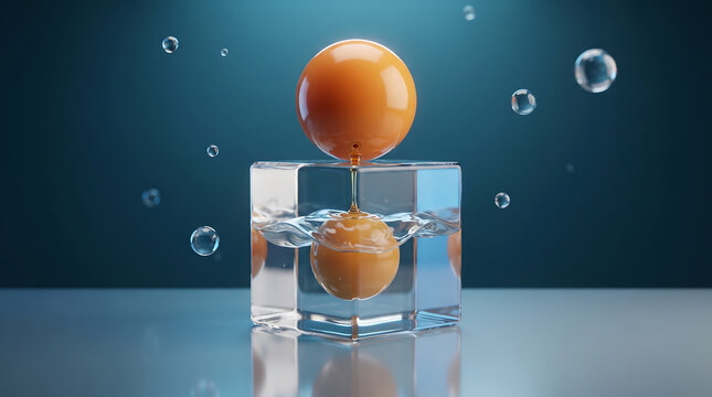 Orange sphere hovering above a clear glass cube with bubbles floating bubbles liquid spheres modern design geometric shape surreal art blue background levitating abstract concept transparency