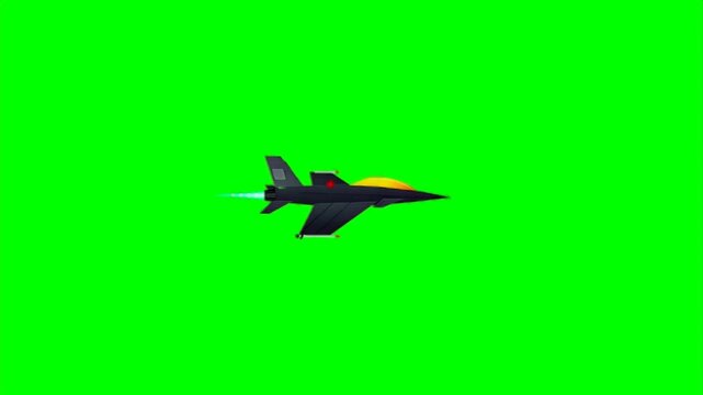 Stylized Black Fighter Jet Flying with Jet Flame on Green Screen Background