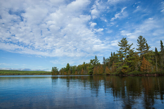 Beautiful calm blue northern Minnesota lake with pines on the shore and clouds during September
