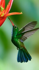 Fototapeta premium Green hummingbird hovering near red tropical flower in garden