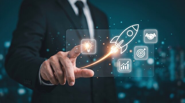 A glowing rocket icon launched from a fingertip represents startup growth, business development, innovation strategy, and digital technology progress for modern companies aiming for success.