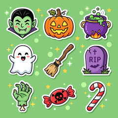 Fototapeta premium Kawaii Halloween sticker collection vector set with cute vampire, ghost, pumpkin, witch broom, gravestone, candy, and zombie hand