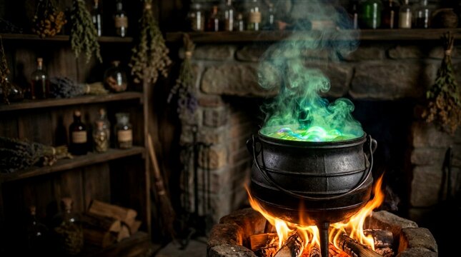 A bubbling witch s cauldron sits over a roaring fire in a dimly lit rustic setting