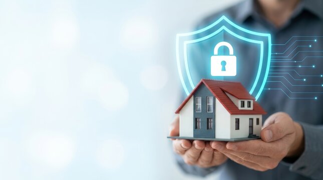 Digital security lock overlaying a miniature house in hands, symbolizing home protection.